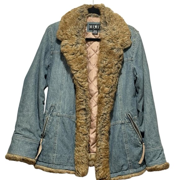 Penny Lane VTG Y2K MixIt Denim Jean Faux Fur Womens Hippie Coat Jacket Sz Medium - Picture 2 of 10